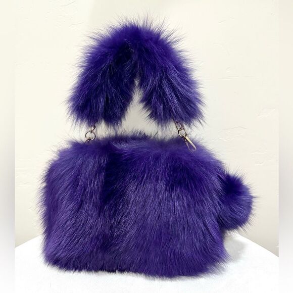 Purple Handmade Dyed Silver Fox Fur Camera Bag/Crossbody & 3 Strap Styles - Picture 1 of 17